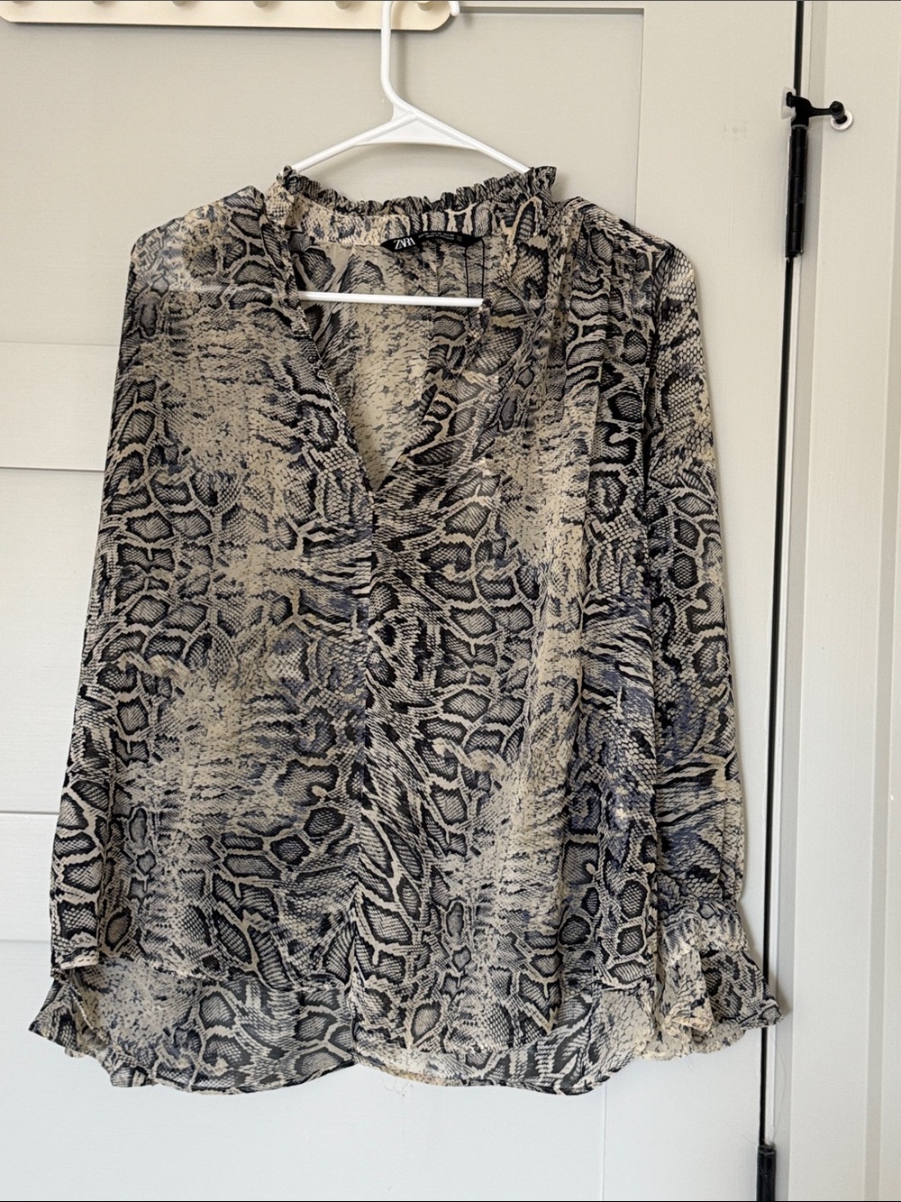 Zara Beige and Black Snake-Print Ruffle V-Neck Blouse